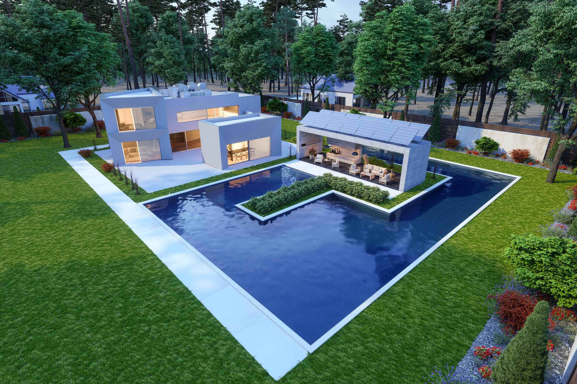 Luxurious Villa Exterior With Swimming Pool, Air Conditioning Units And Solar Panels On Rooftop