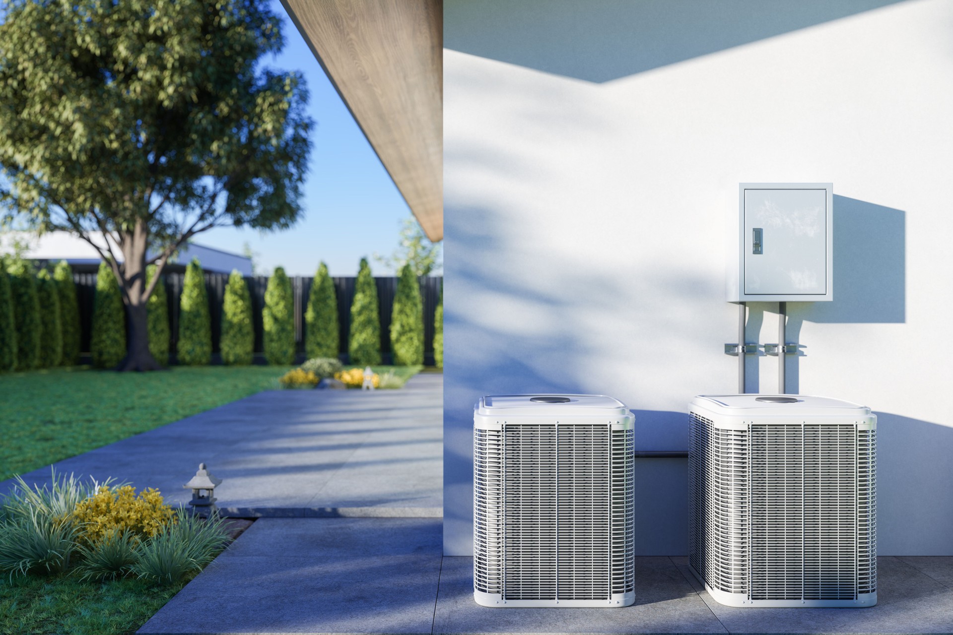 Close-up View Of Air Conditioning Outdoor Units In The Backyard